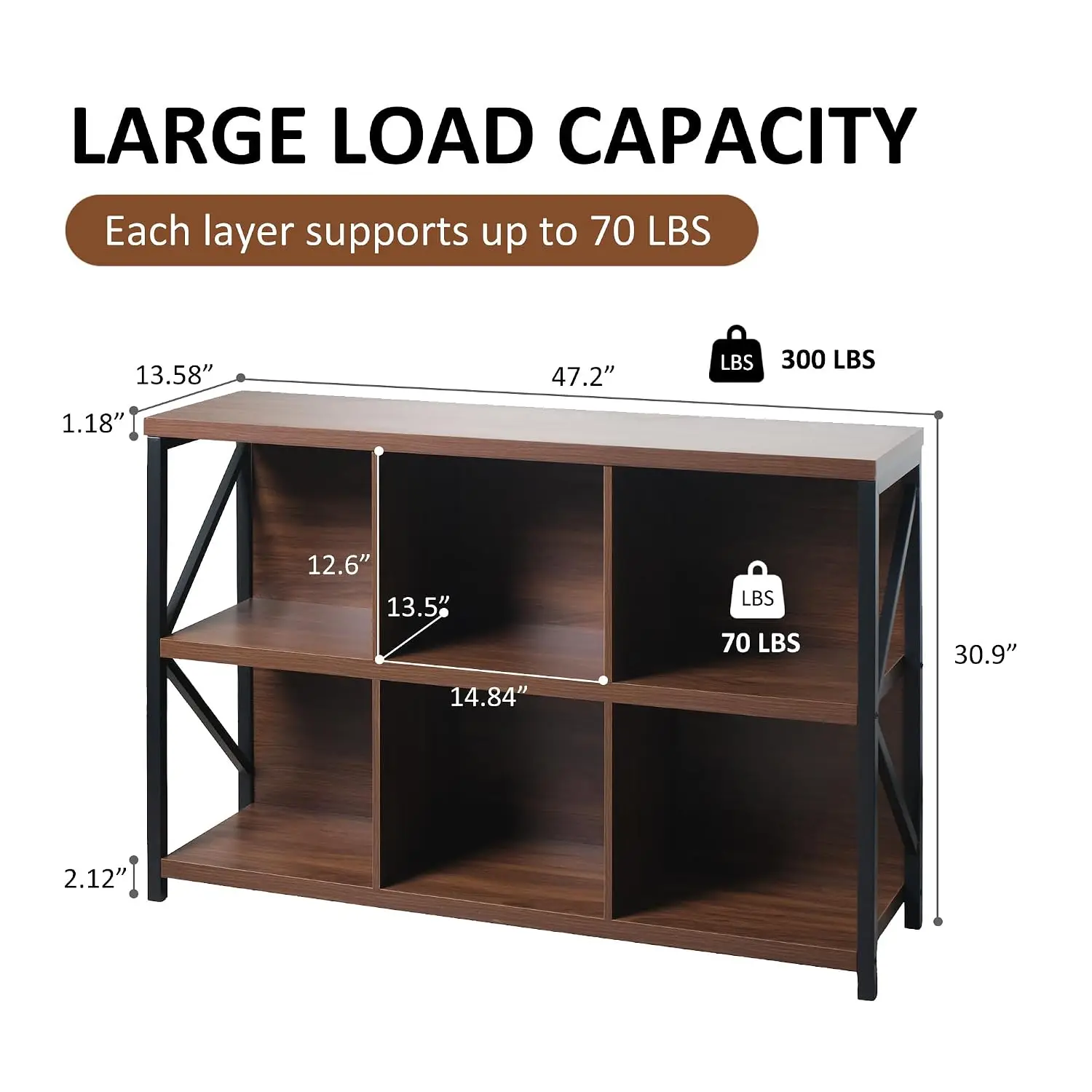 6-Cube Storage Organizer Shelf, Industrial Horizontal Bookcase, Media Console for Living Room & Office, 47.2