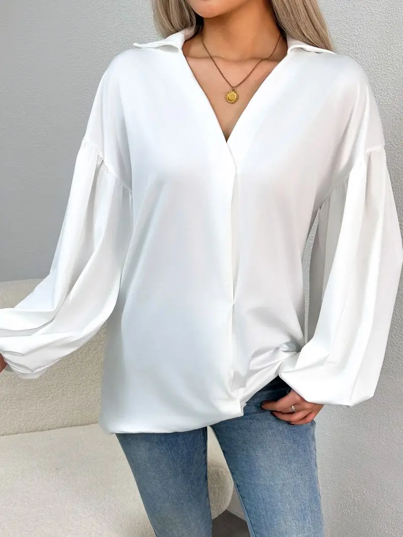 Women's Flip Collar V-Neck Top with Lantern Sleeves Loose Commuter Versatile Fashionable Top for All Seasons