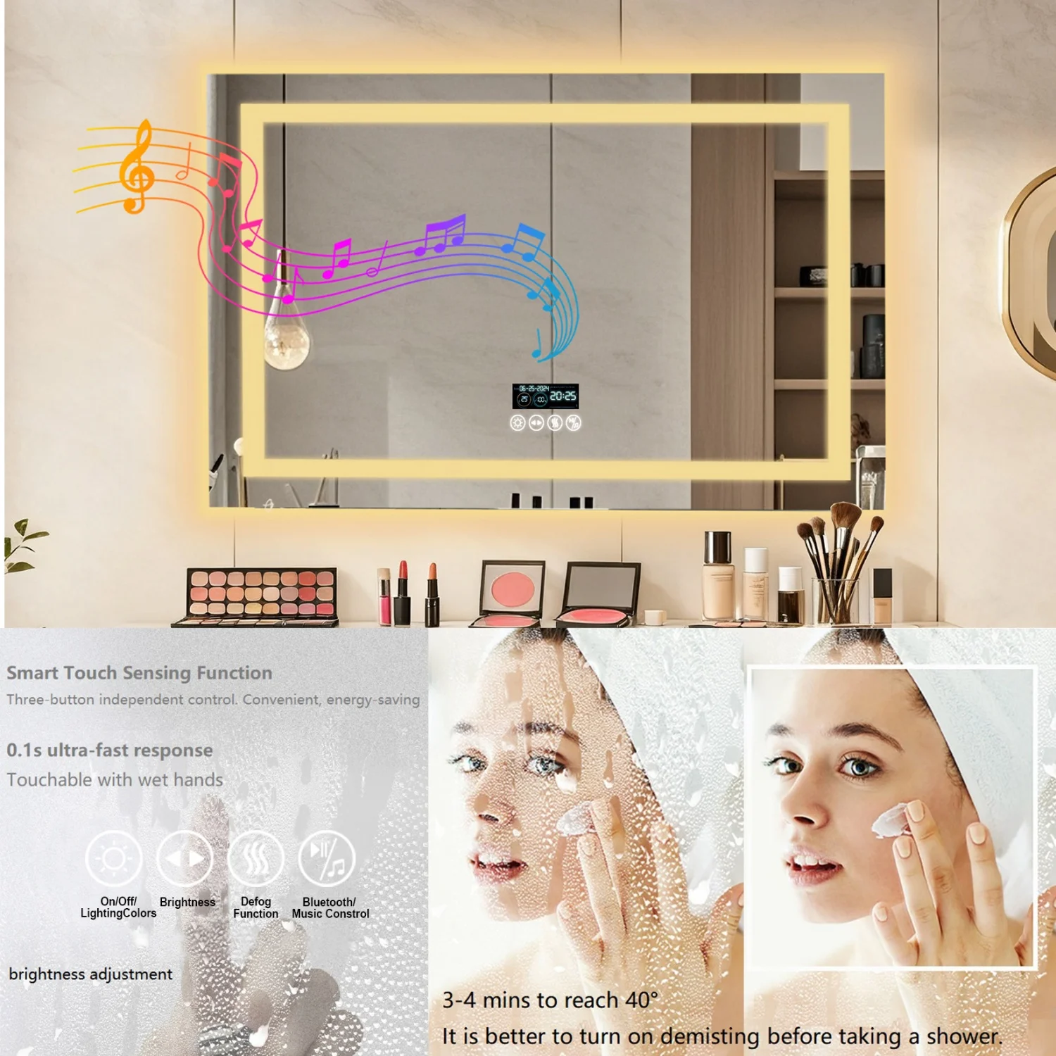 80/100/120/140cm LED Bathroom Mirror with Bluetooth Speaker Antifog Dimmable 3 Lights Time Setting Backlitligth Vanity Wall Mirr