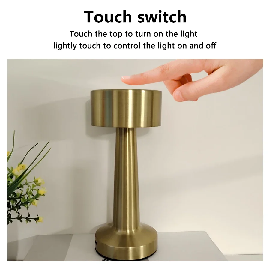 Golden Retro Led Table Lamp Rechargeable Night Light for Desk Bar Coffee Dining Room Decor Wireless Dimmable USB Touch Switch