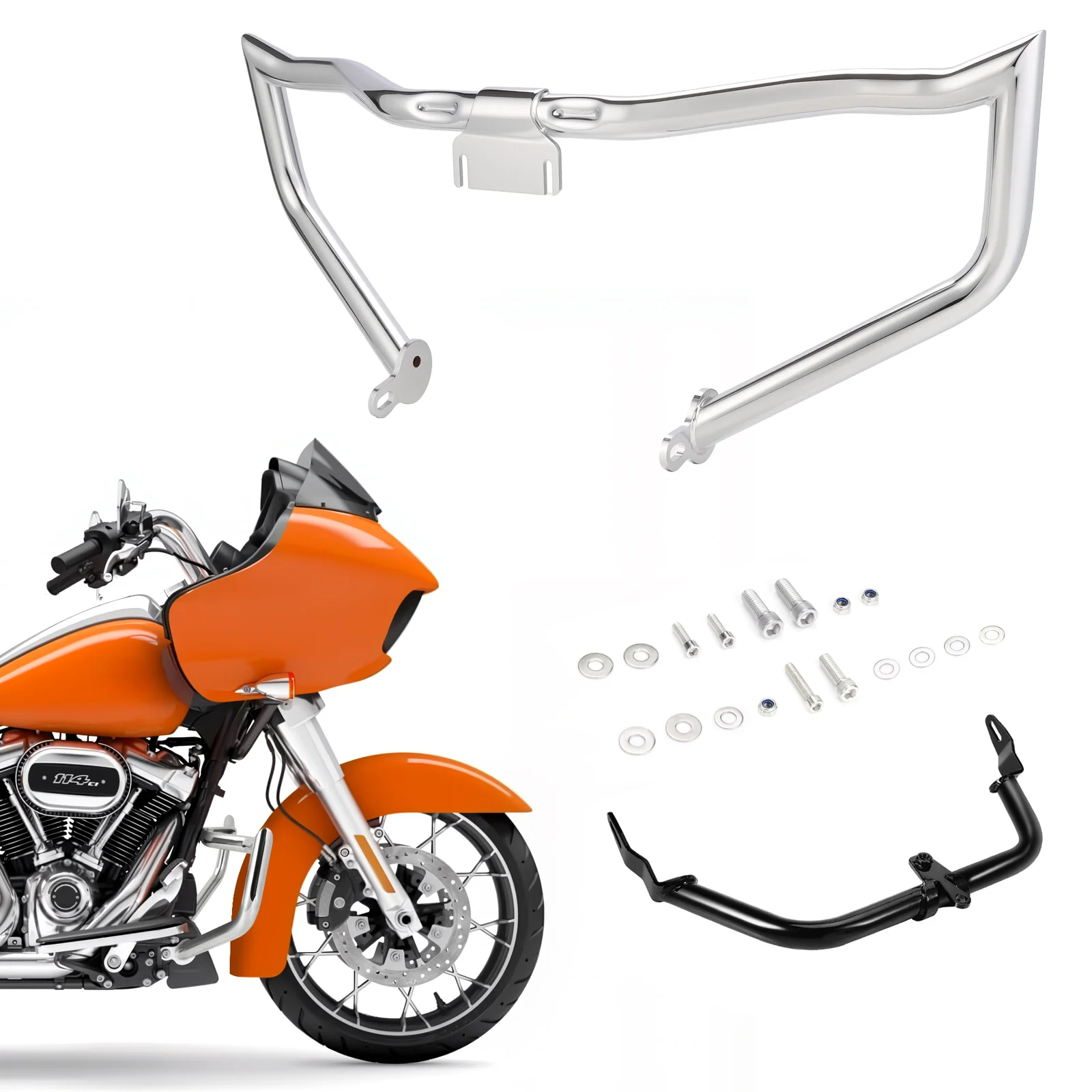 Gloss Black Fairing Support Bracket + Chrome Chopped Engine Guard for Harley 15-later Road Glide FLTRXSE FLTRX FLTRXST FLTRXS