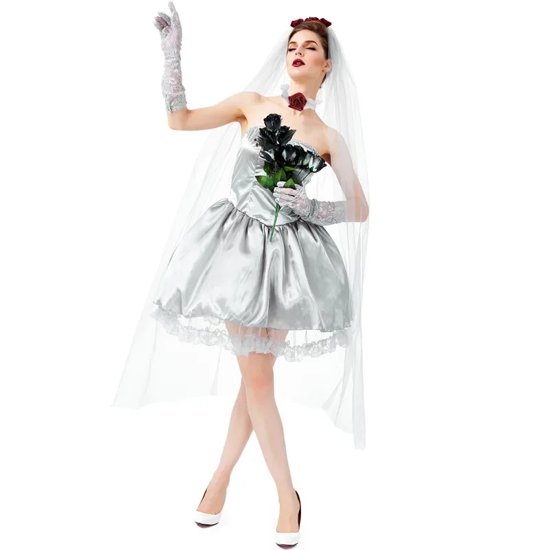 Costume de Cosplay de la Mariée Fantôme Gris Argenté pour Halloween