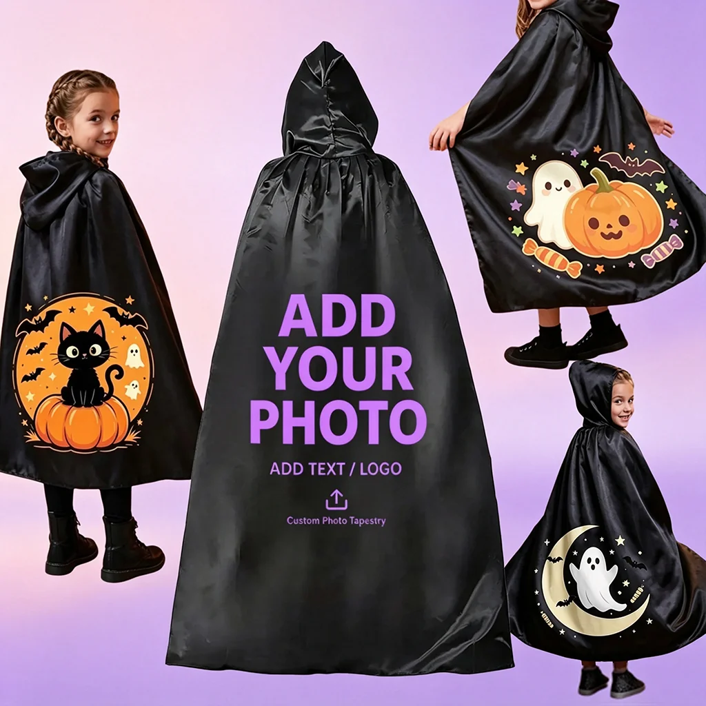 Custom Halloween Cloak Hooded Black Cape Long Robe Witch Costume for Cosplay Party Performance Holiday Decorations