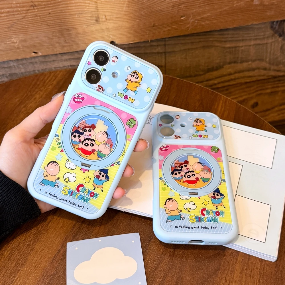 Cute Cartoon Japan Anime Crayon Shin-chan 360°Rotation Stand Phone Case For iPhone 17 16 15 14 13 Pro Max With Ring Holder Cover view 2