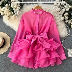 Chiffon French Chic Elegant Blouses for Women Spring Long Sleeve O-neck Solid Colours Femme Long Shirt Tops Ruffles Woman Blusas