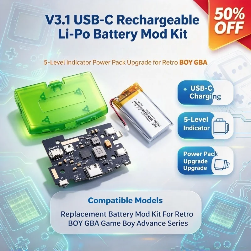 V3.1 USB-C Rechargeable Li-Po Battery Mod Kit for Retro BOY GBA 5-Level Indicator Power Pack Upgrade for Game Boy Advance