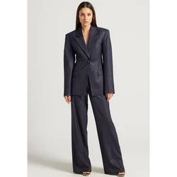 Tibetan Blue Stripe Single Button Women Pants Set High-end Female Two Pieces(Jacket+Trousers)أطقم بناطيل