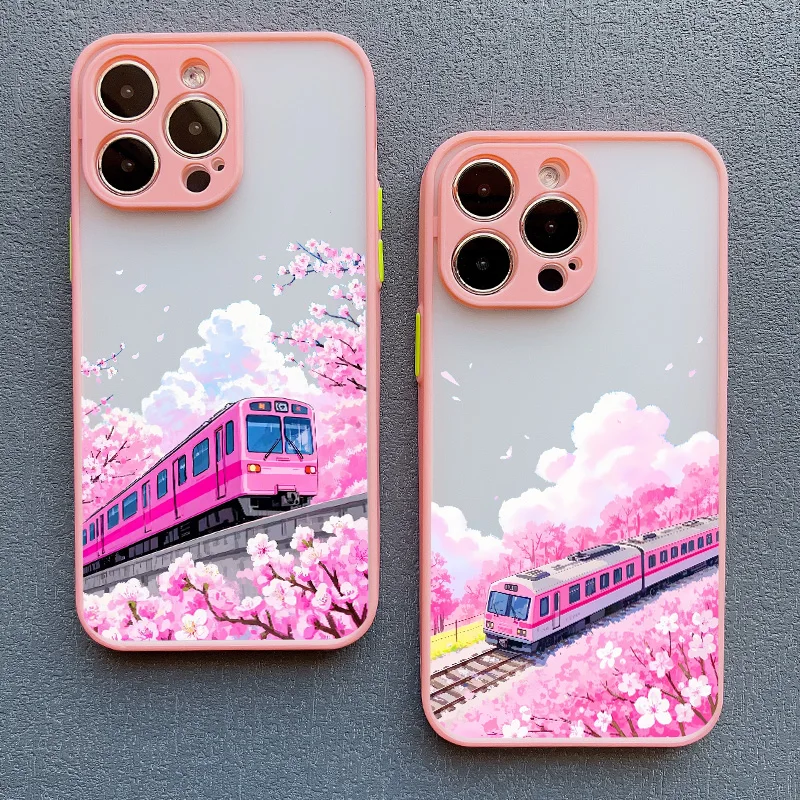 Hot Japan Sakura Train Landscape Phone Case For IPhone 16 15 Pro Max Plus 14 12 13 11 Pro Max Mini 7 8 Plus X XS XR SE2 Covers