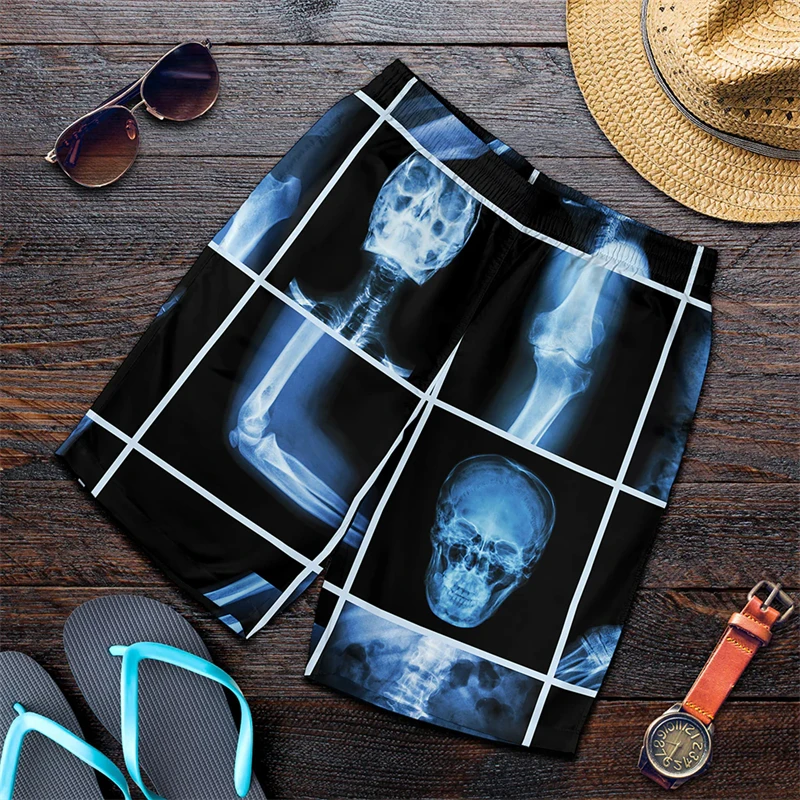 Shorts masculinos de praia com gráficos Harajuku X-Ray crânio, calção esportiva extragrande, shorts havaianos respiráveis, viagem para o Havaí, verão 2024