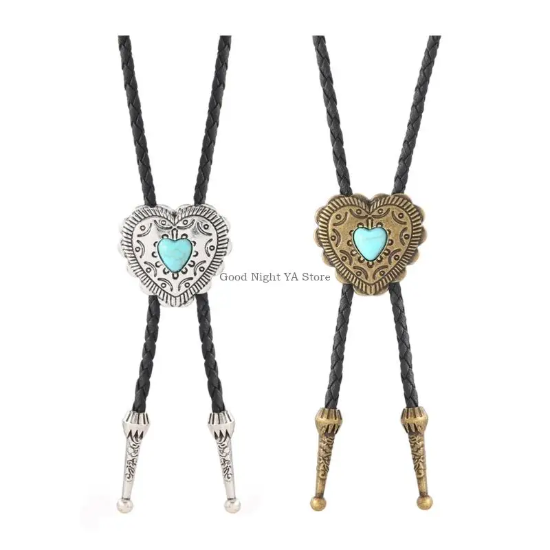 Braided Shoestring Stone Bolo Tie Heart Charm Cowboy Necktie Necklace