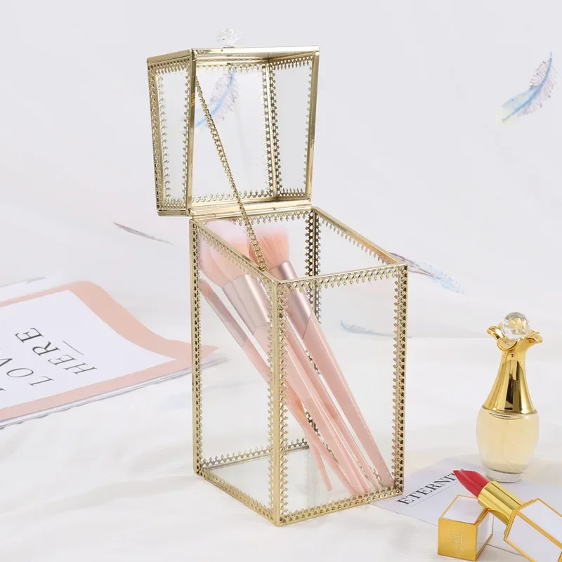 Glass Makeup Brush Box Holder Jewelry Box Pencil Bucket Makeup Organizer Desktop Cosmetic Storage Box Pearls Barrel  ZM827