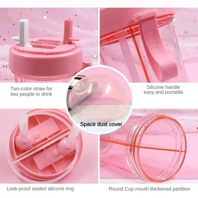 زجاجة شرب مزدوجة الجدار سعة 600 مل، كوب لطيف للفتيات والطالبات في الهواء الطلق مع مقبض شفاطات مزدوجة، زجاجة مياه بلاستيكية محمولة