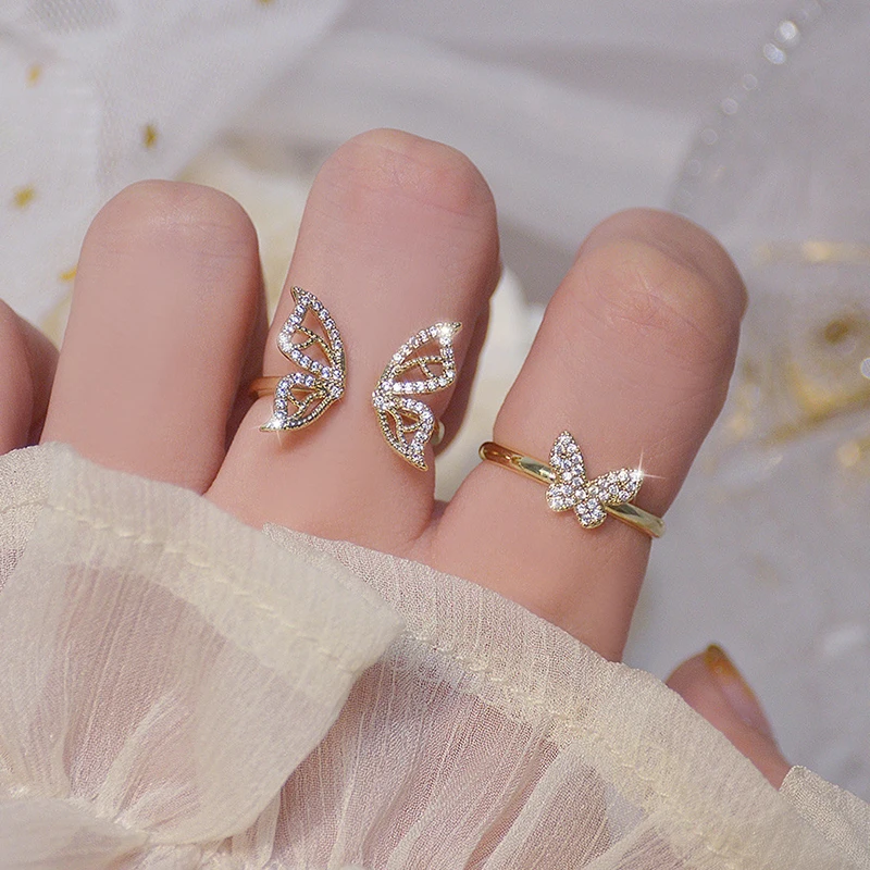 Cute Shiny Crystal Butterfly Open Ring for Women Fully-jewelled Rings Korean Simple Adjustable Finger Ring Charm Jewelry Gifts