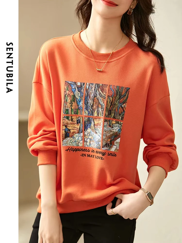 SENTUBILA Graphic Print Sweatshirts Long Sleeve Tops for Women 2024 Spring Autumn Casual Loose Letter Pullover Female 113A37836