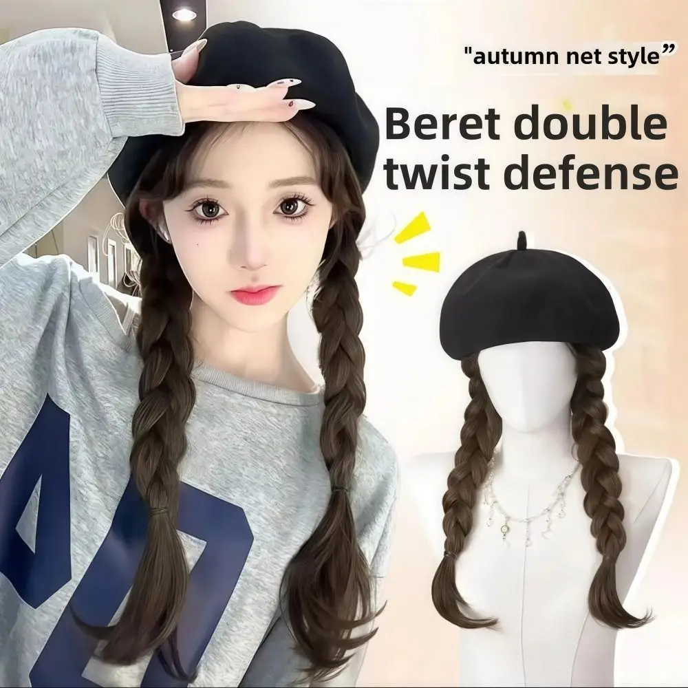 

Fashionable Long Curling Hair Wig Hat Braided Design All-in-one Wig Beret Lifelike Detachable Double Braid Wig Cap Women