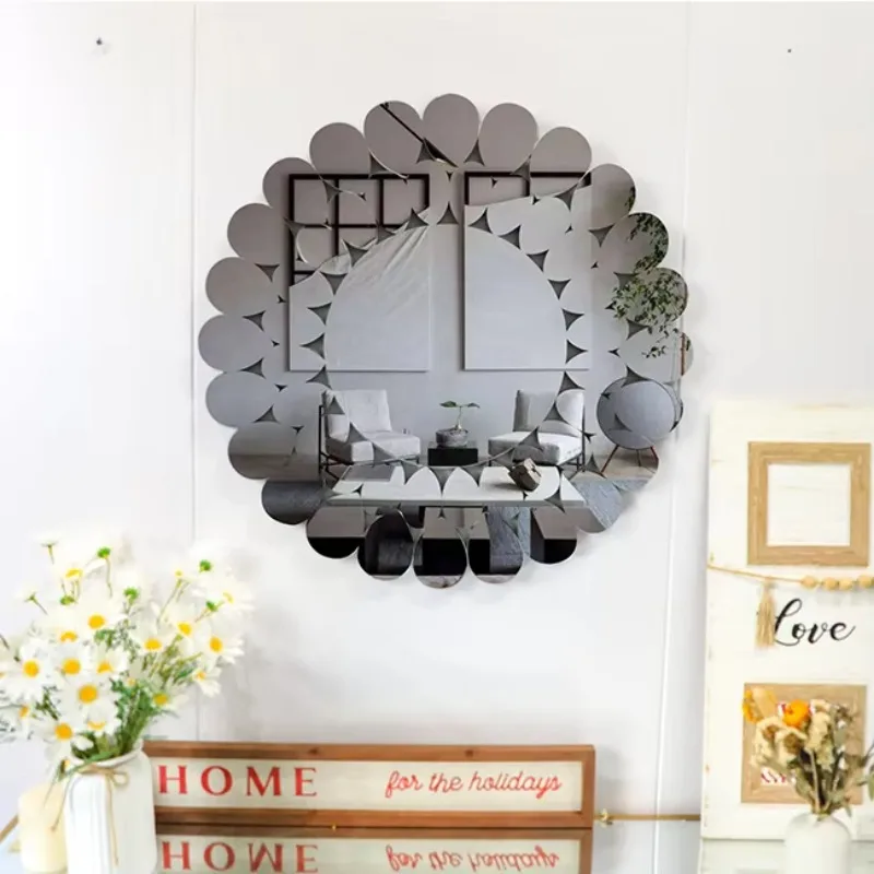 60cm Factory Price Elegant Design Decorative Large Silver Wall Mirrors Flower Shape Glass Hanging Home Decor