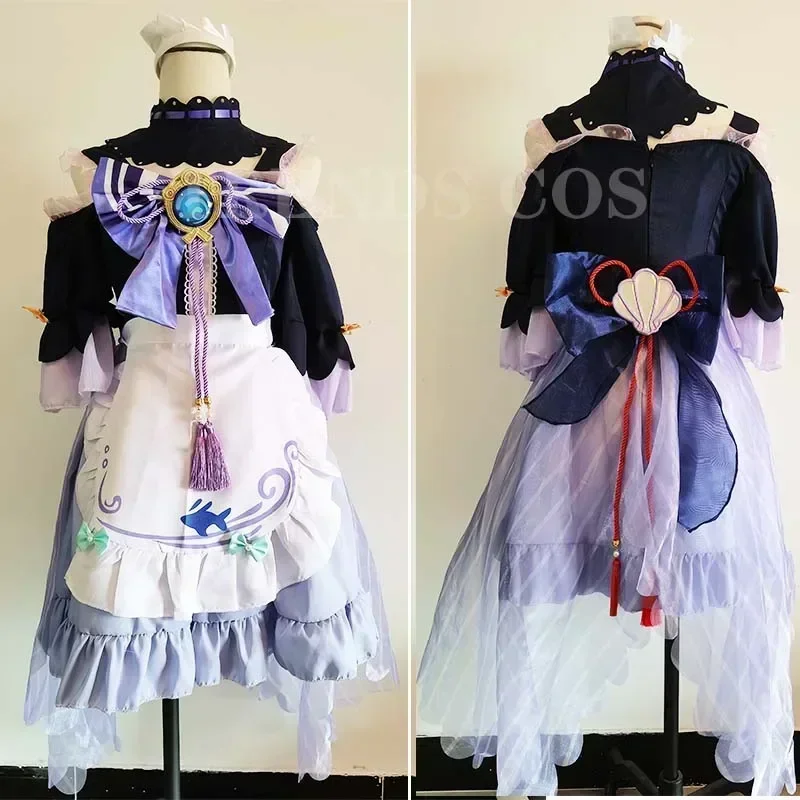 Sangonomiya Kokomi Maid Doujin Dress Cosplay Costume Lovely Cafe Maid Dress Girls Gift Kokomi Outfits Headwear Socks with Bustle