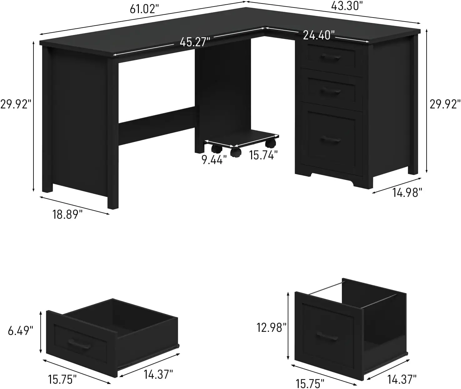 Black 61 Inch Farmhouse L Shaped Executive Desk File Drawer Corner Computer Desk Mobile CPU Stand Wood Writing Work Study