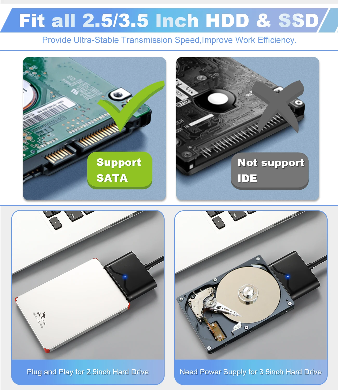 Onelesy SATA to USB Converter 2.5 / 3.5 Inch HDD / SSD Hard Drive USB SATA Cable External USB 3.0 to SATA Adapter UASP SATA Cord