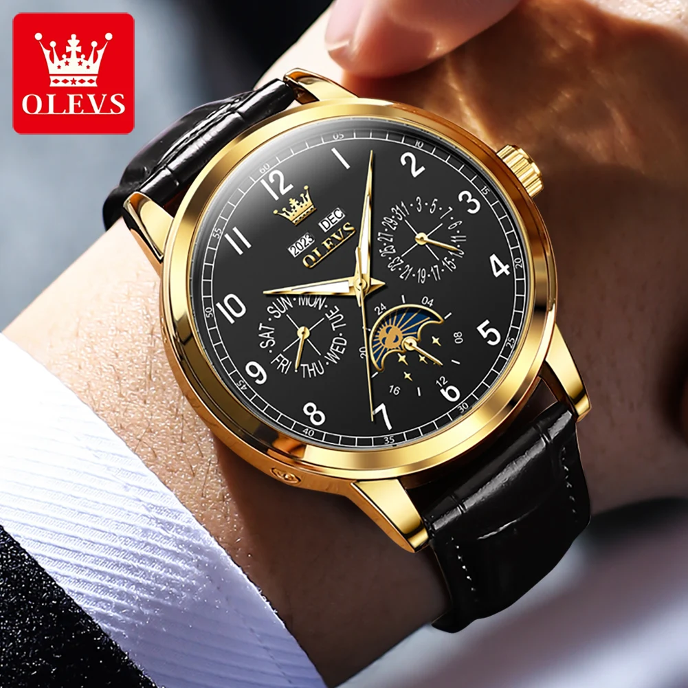 OLEVS Luxury Top orologio meccanico automatico per uomo fasi lunari data automatica settimana orologio a mano cinturino in pelle orologio da uomo impermeabile nuovo