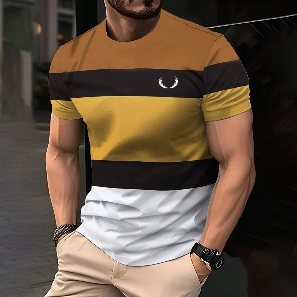 Fashion Men's Minimalist Striped Printed T-Shirt Summer Leisure Outdoor Sports Fitness Round Neck Short Sleeved Men's Shirt Top