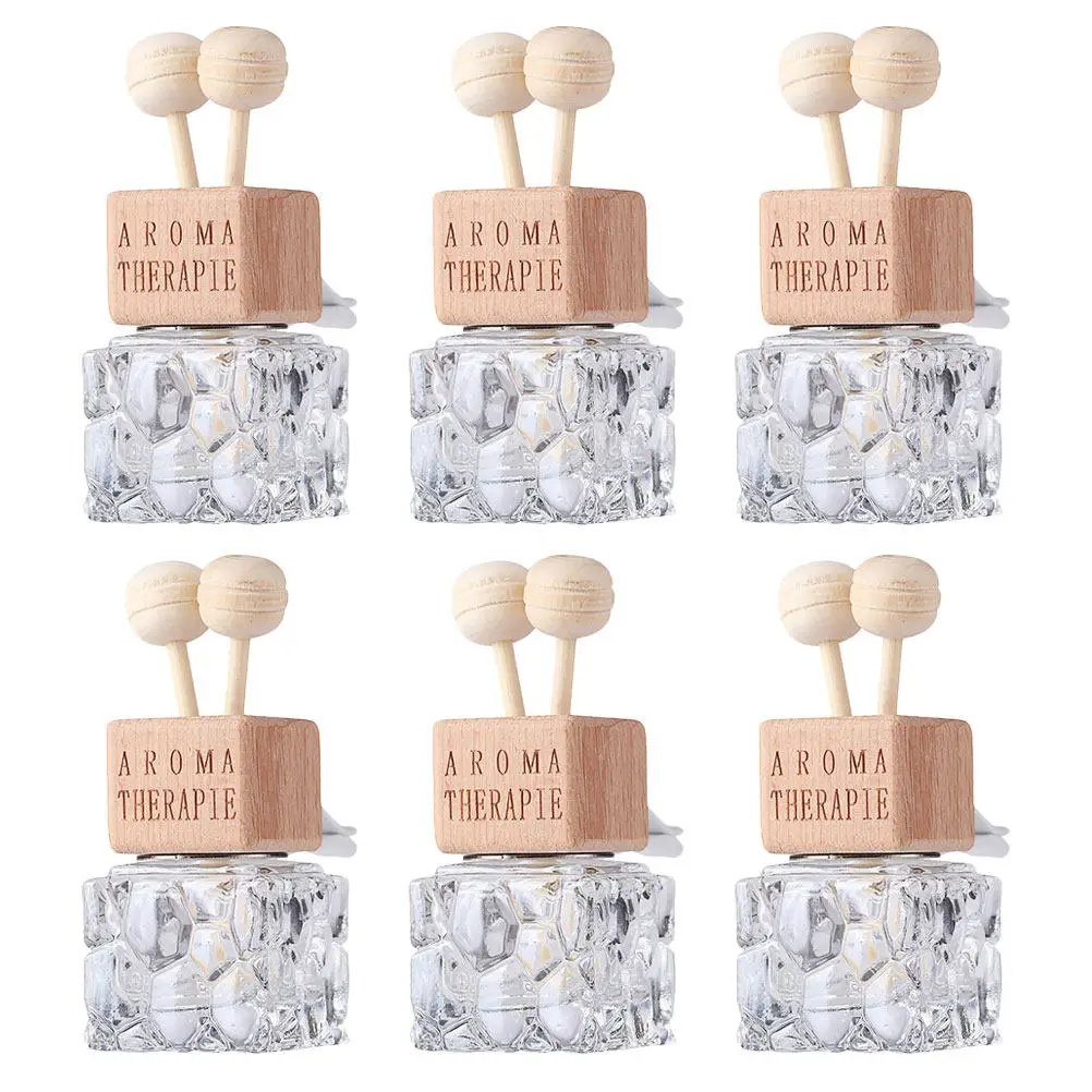 6Pcs Car Air Vent Essential Oil Diffuser Perfume Glass Bottles Wooden Lid Refillable Aroma Decoration Freshener