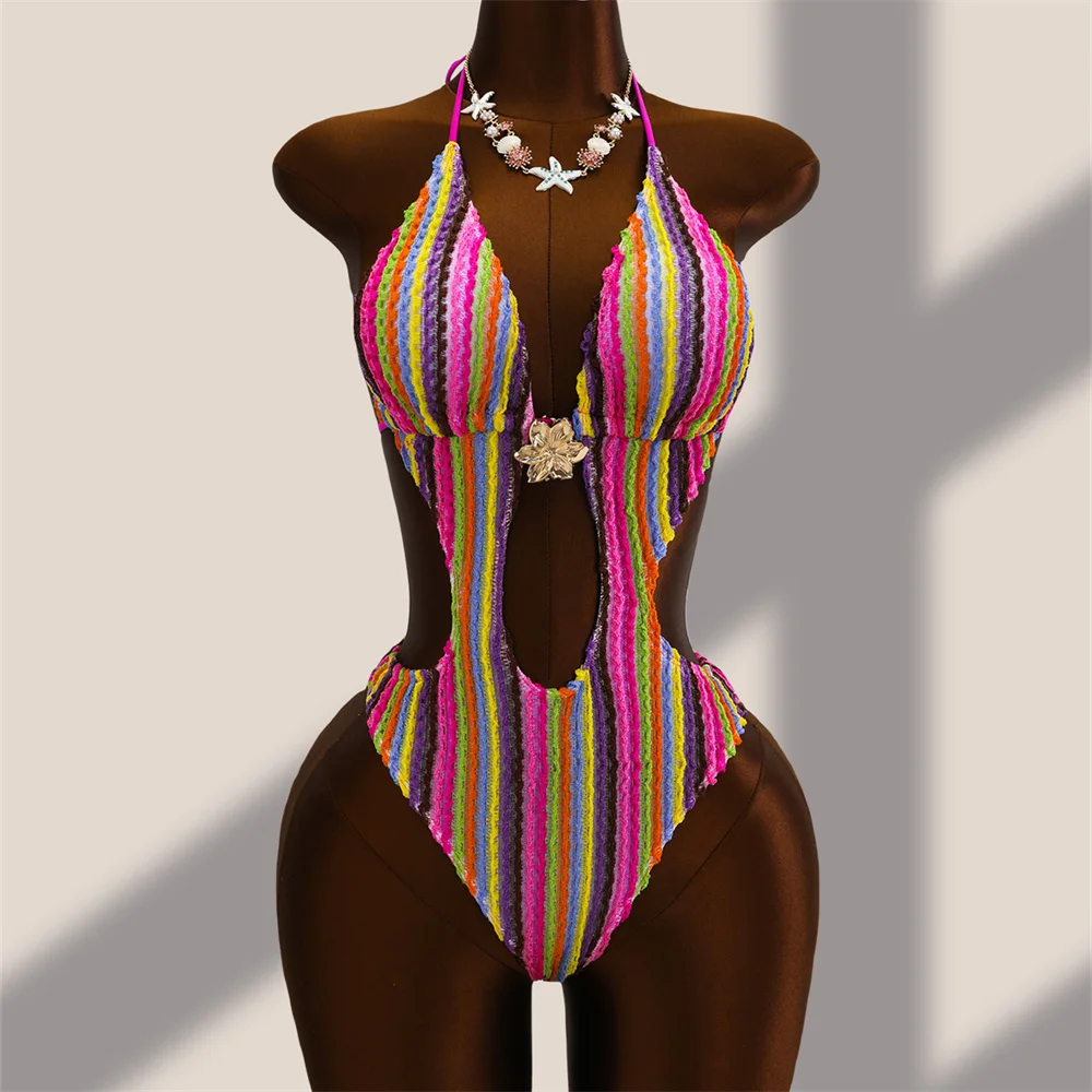 Rainbow Striped Swimsuit Crochet Beach Bikini Contrast Color Deep V Hollow Monokini Micro String Extrem Backless Swimwear Outfit