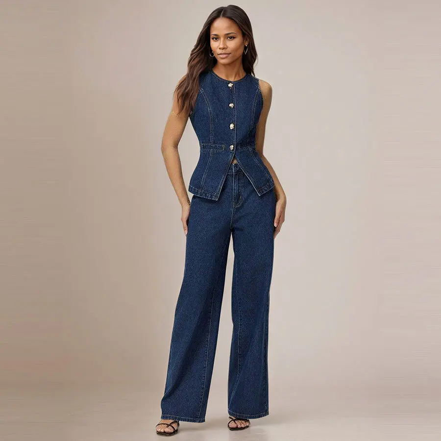 Set Celana Panjang Denim Fashion Wanita Musim Panas 2025 Rompi Ramping Kasual dan Jeans Longgar Kaki Lebar Set Dua Potong
