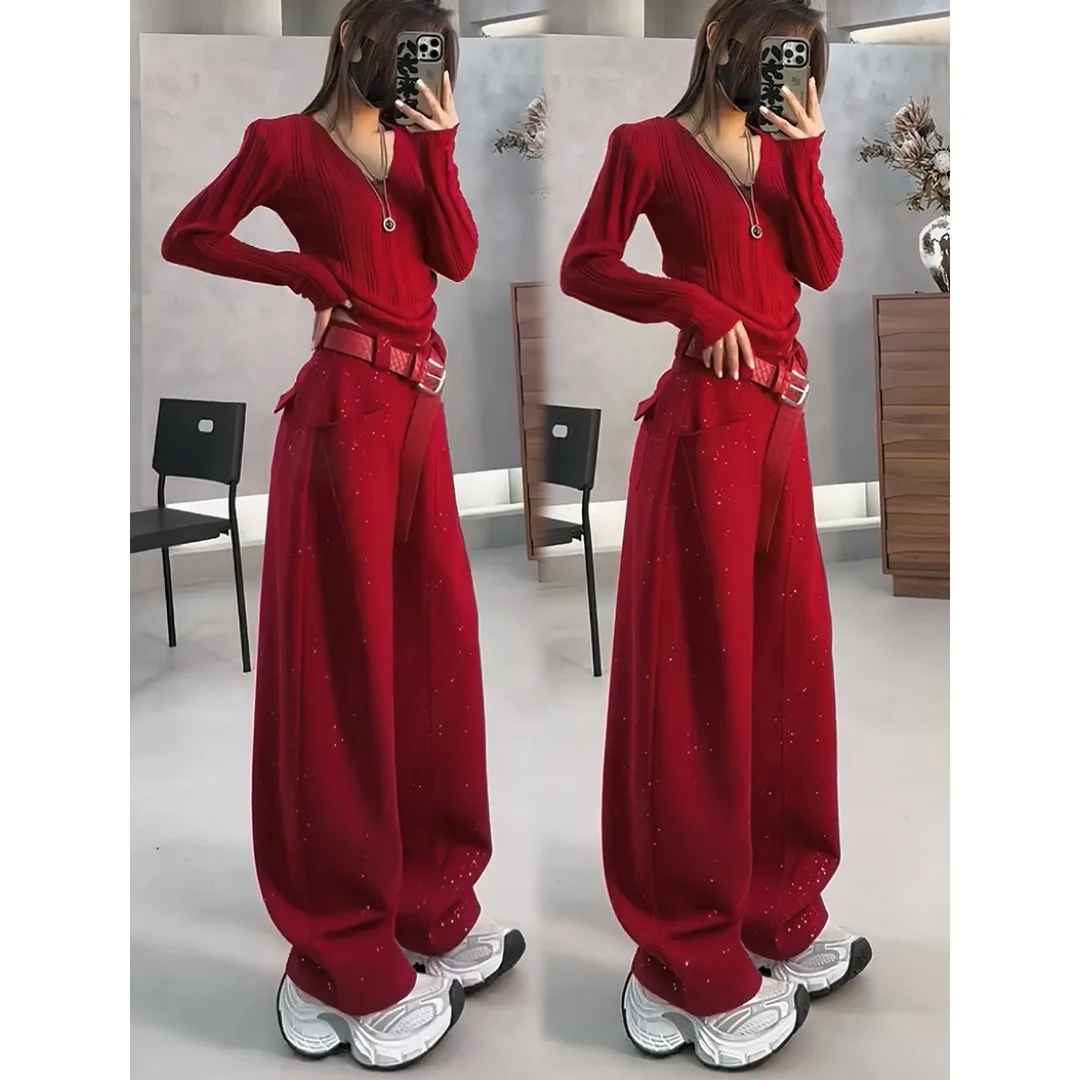 

Элегантный и модный женский комплект: осенне-зимний высококачественный красный топ + облегающие брюки с изогнутым низом, повседневный комплект из двух предметов