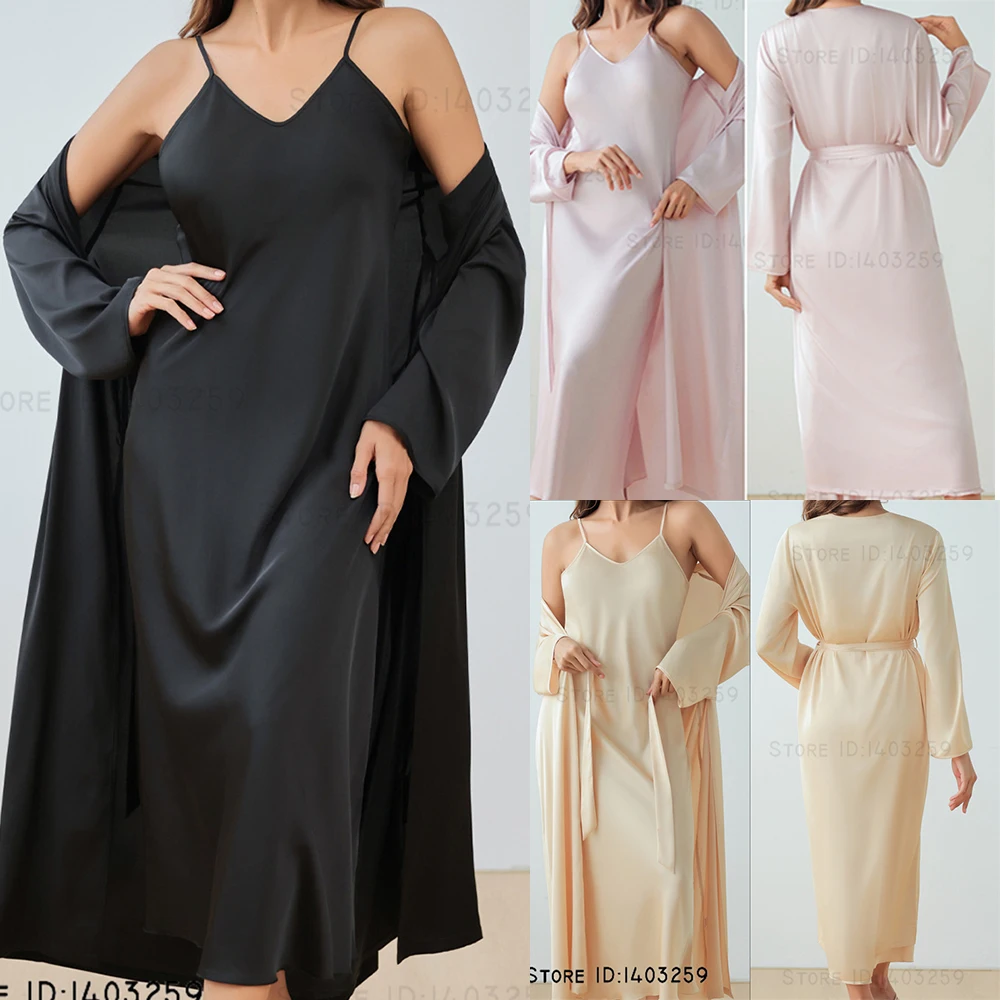 

Spring Autumn New Female Long Twinset Robe Set Sleepwear Elegant Silk Satin Long Kimono Gown Bathrobe Sexy Nightgown Home Dress
