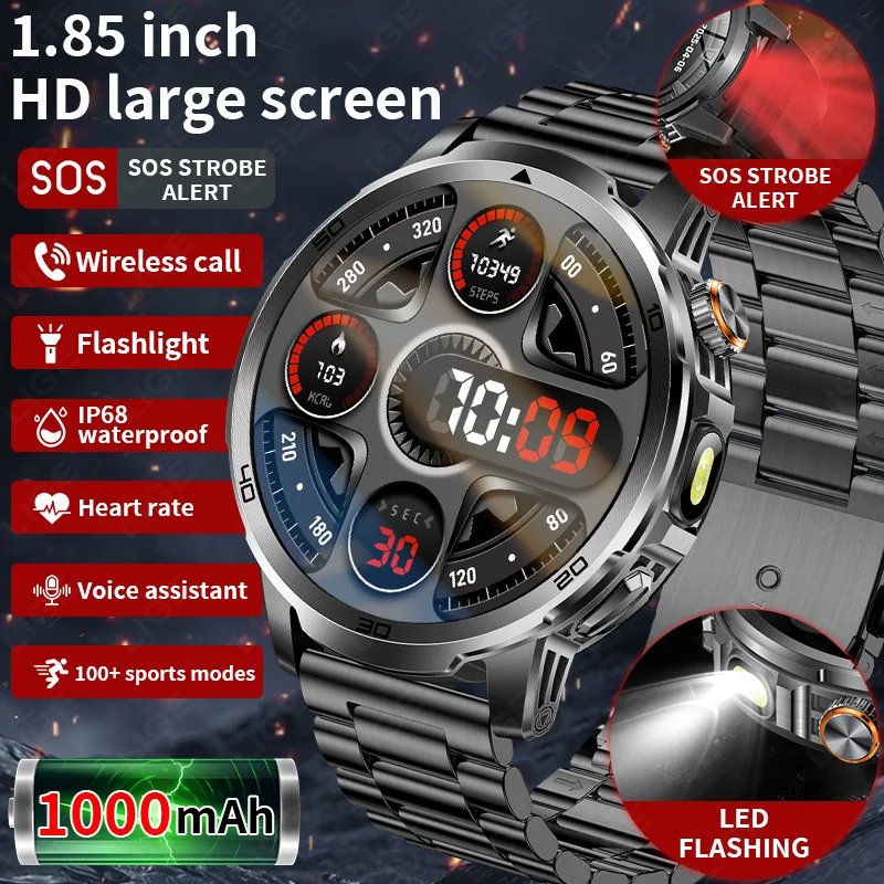

LIGE 1000mAh Super Capacity Battery Adult Men Smart Watch Flashlight SOS Distress Light 1.85" Bluetooth Call IP68 Sport Watches