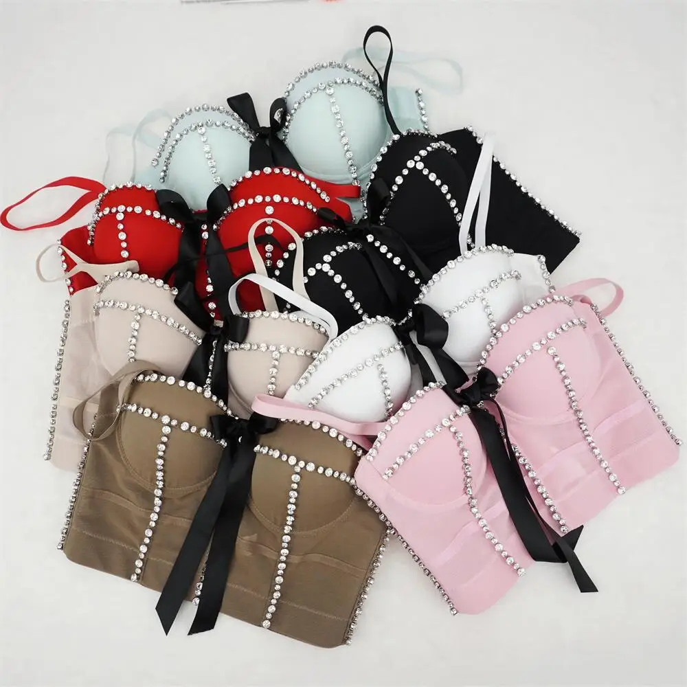 

Luxury Beaded Bow Tank Tops For Women Sexy Push up Bustier Bra Night Club Party Cropped Top Female Camisole Y3612