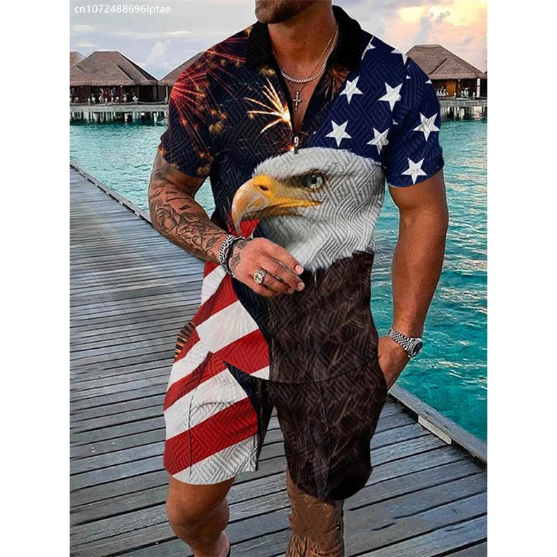 American Eagle Flag 3D Print Men's Tracksuit Sets Casual Zipper Polo Shirt And Shorts 2pcs Sets Fashion Streetwear Man Pullover