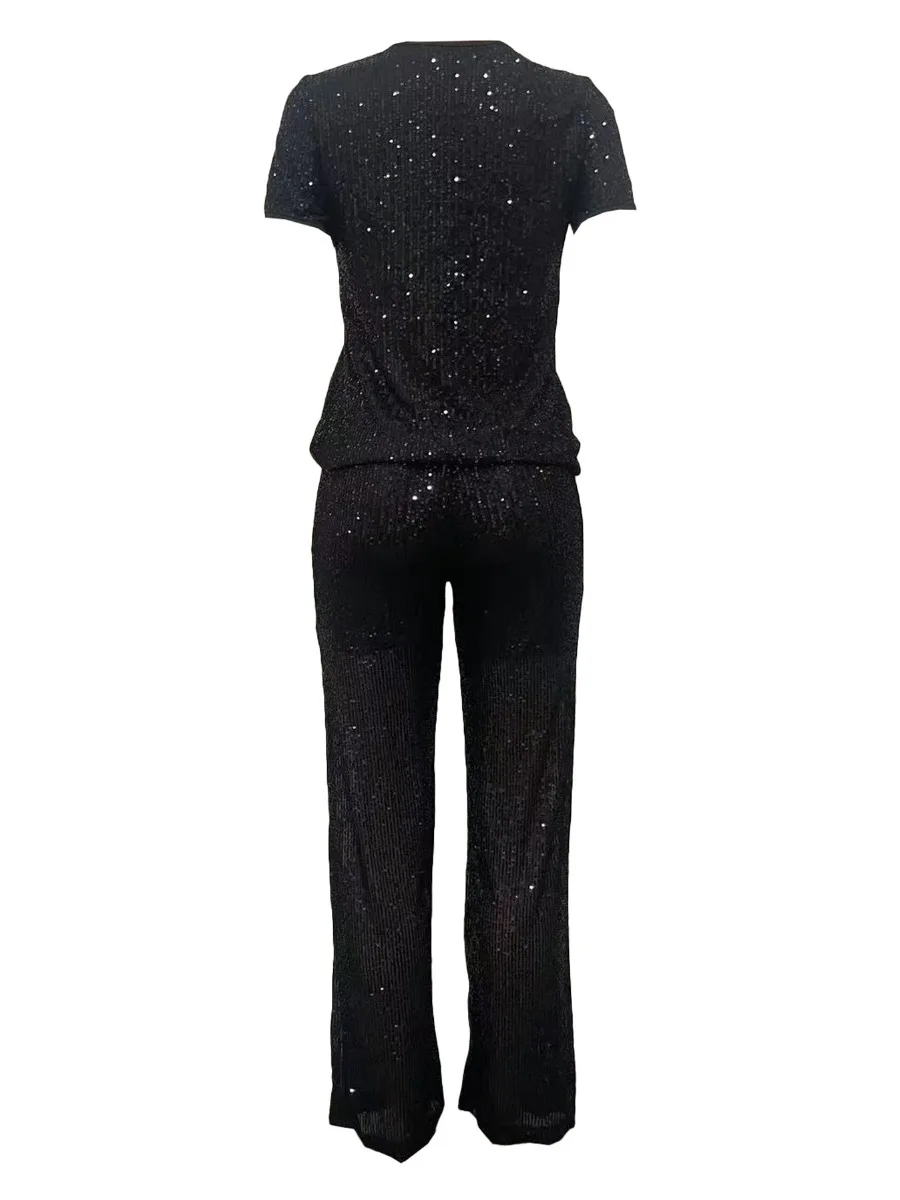 LW Plus Size Sequined High Waist Pants Set Women Spring Summer Outfit Short Sleeve Tops & Wide Leg Pants Set Matching Suit