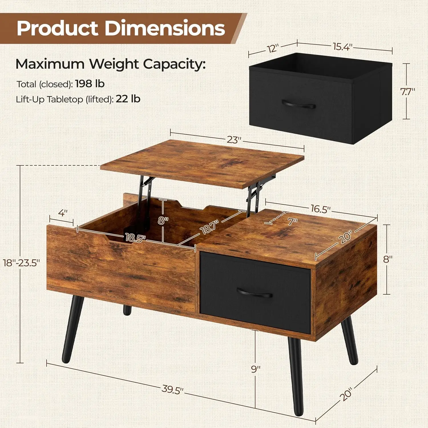 Coffee Table with Storage,39.5'' Lift Top Coffee Table,Hidden Storage Compartment,Foldable Drawer,Lift Tabletop Dining Center