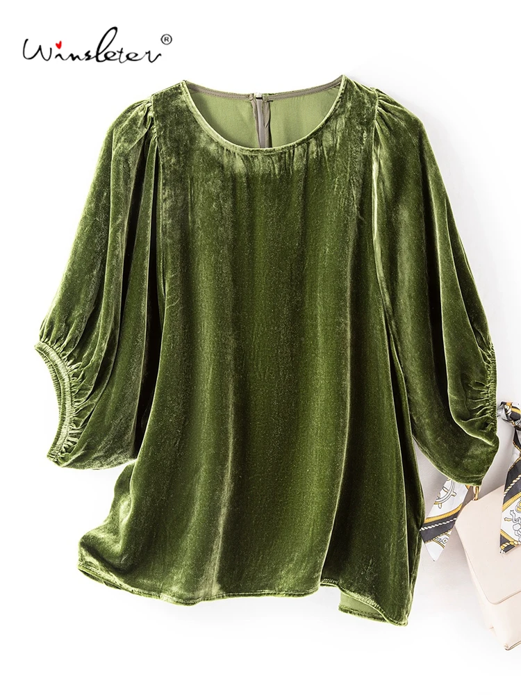 

Winsleter-Bottom 100%Real Silk Elegant Velvet Shirt, Lantern Sleeve O Neck, Women French Retro Loose Blouse, 2025 Fall T59203CC