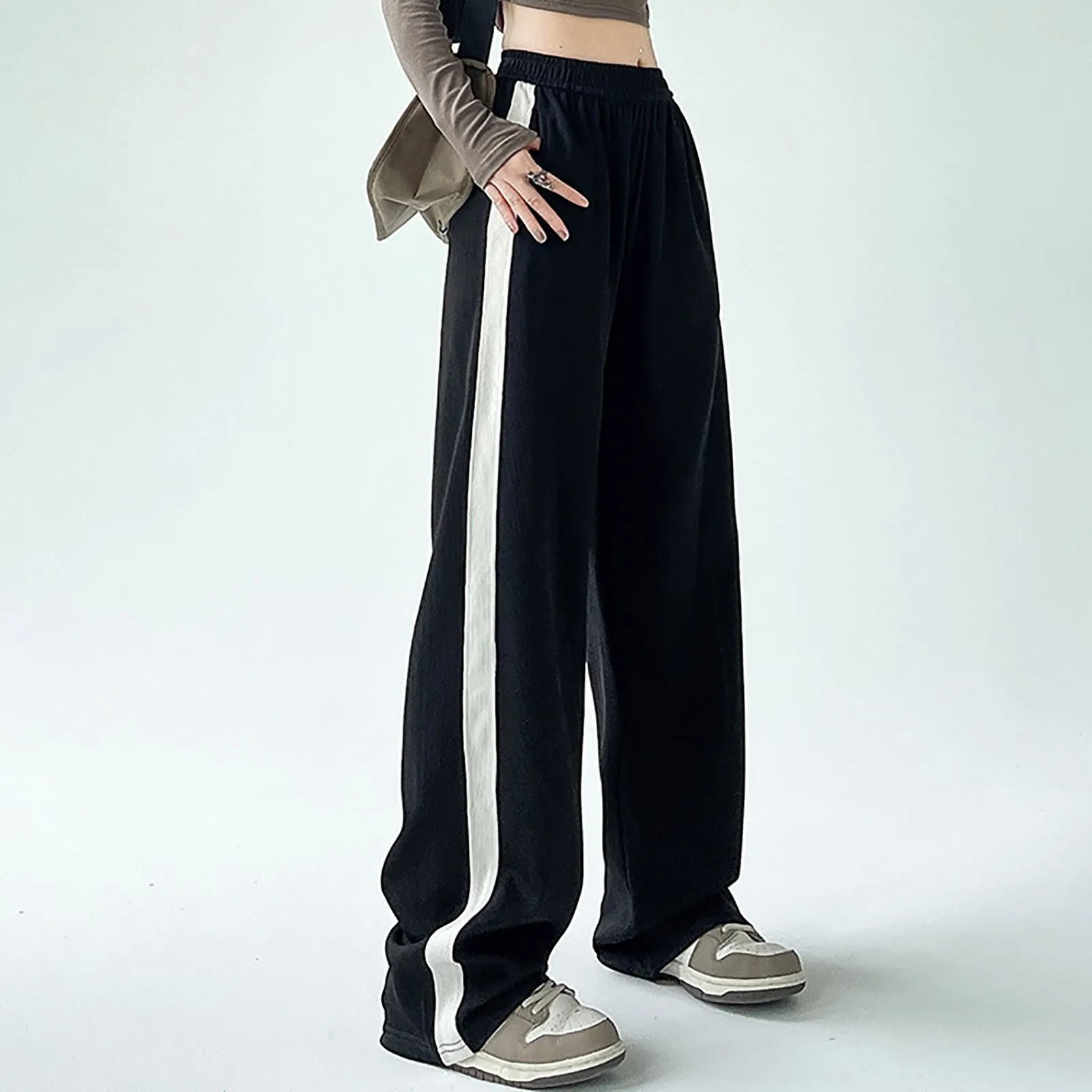 

Women's Black Striped Straight-leg Sweatpants Oversize Elastic High Waist Casual Pants Fashion Loose Trouser Sport Pantalettes