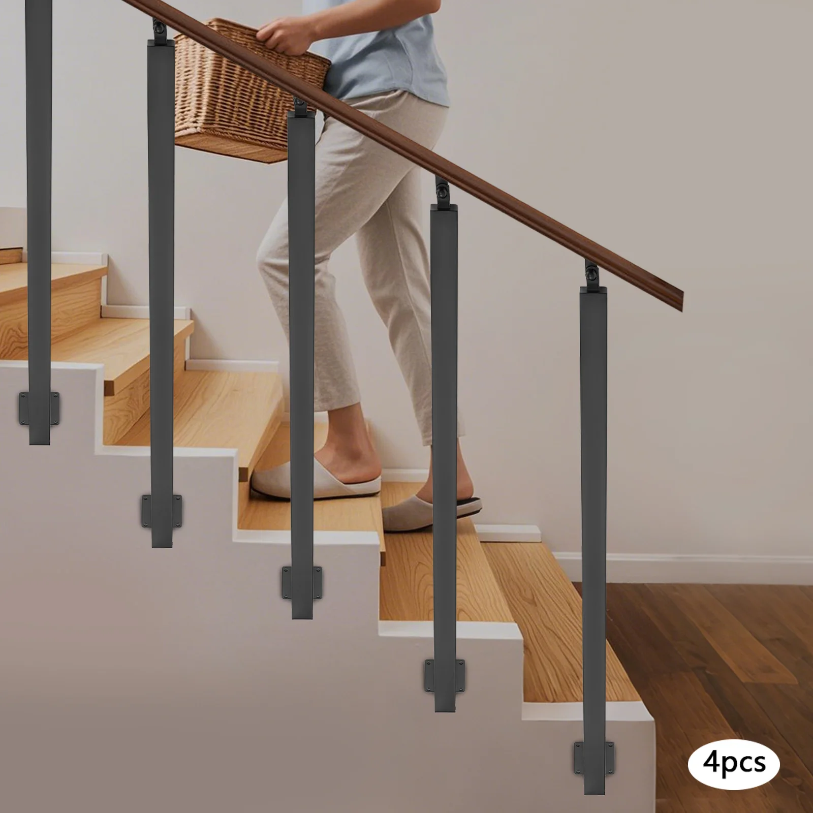 4 Pieces of 100cm Stair Railing Side Installation - Black, , , Suitable for Staircases, Villas, Entrances, Corridors, Attics