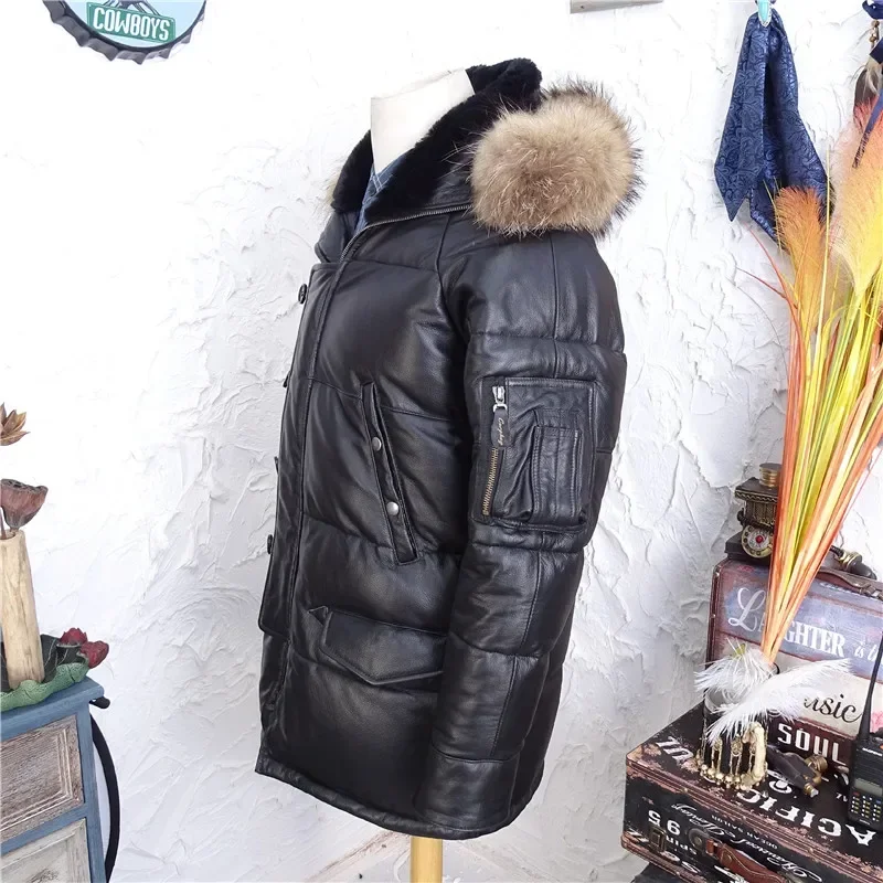 Manteau en duvet de résines pour hommes, cuir de mouton véritable, veste chaude pour hommes, se joint en fourrure de raton laveur, tissu à capuche noir, plus surdimensionné, 2024, xxxxxxl