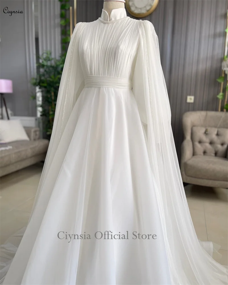 Ciynsia Robe De Mariée Arabic Moslim Trouwjurk Met Lange Mouwen En Cape Hijab Islamitische Bruidsjurken Chiffon Geplooide Hoge Hals