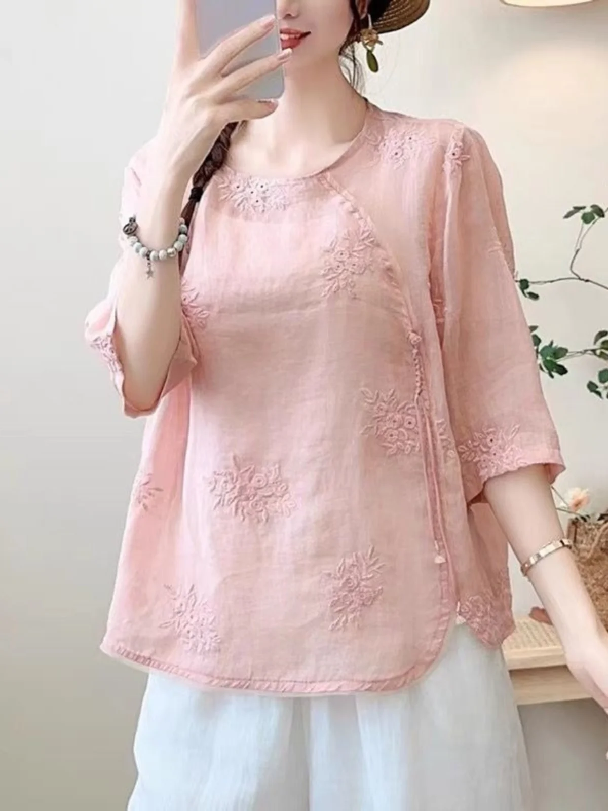 

Женский льняной топ в стиле ретро с тяжелой вышивкой, летний свободный новый китайский топ с бахромой в национальном стиле, круглый топ Ne Five Sve