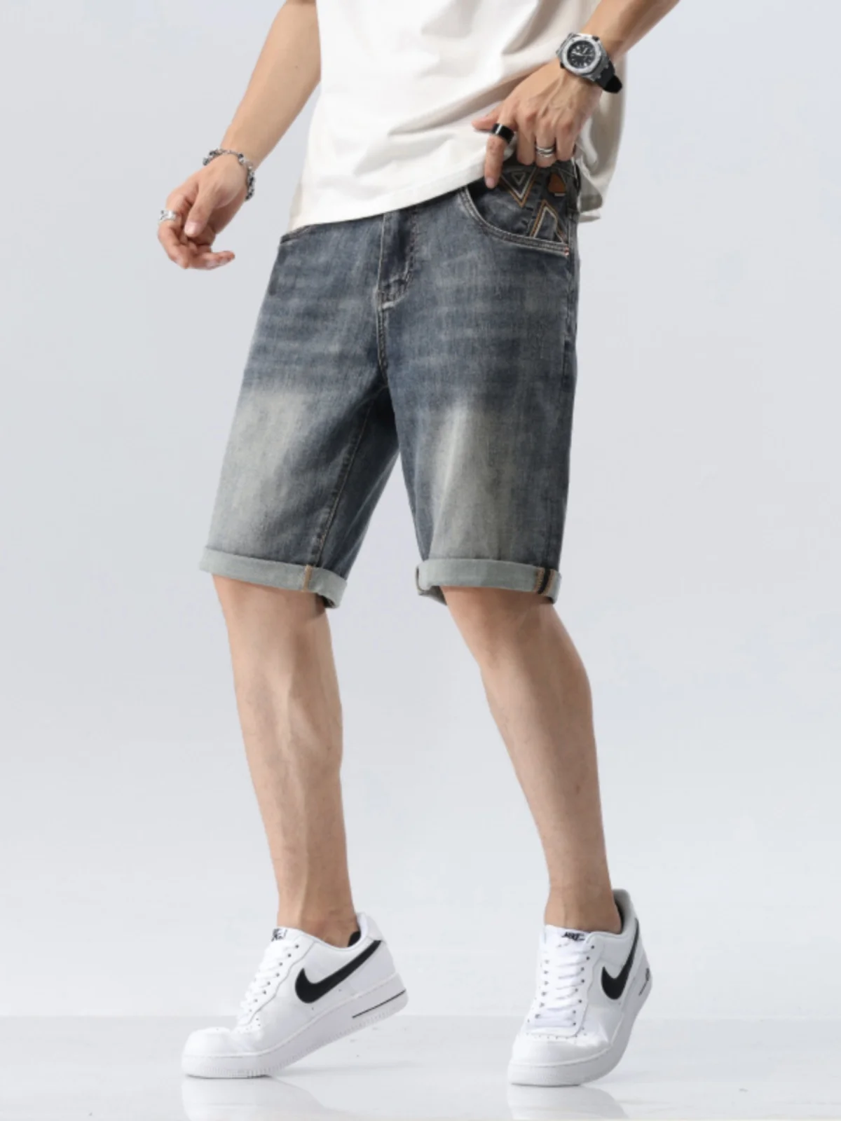 

Hong Kong High-End Men's Slim Fit ort Jeans Elastic Faionable Versatile Summer Thin Straight Leg Five-Quarter Pants