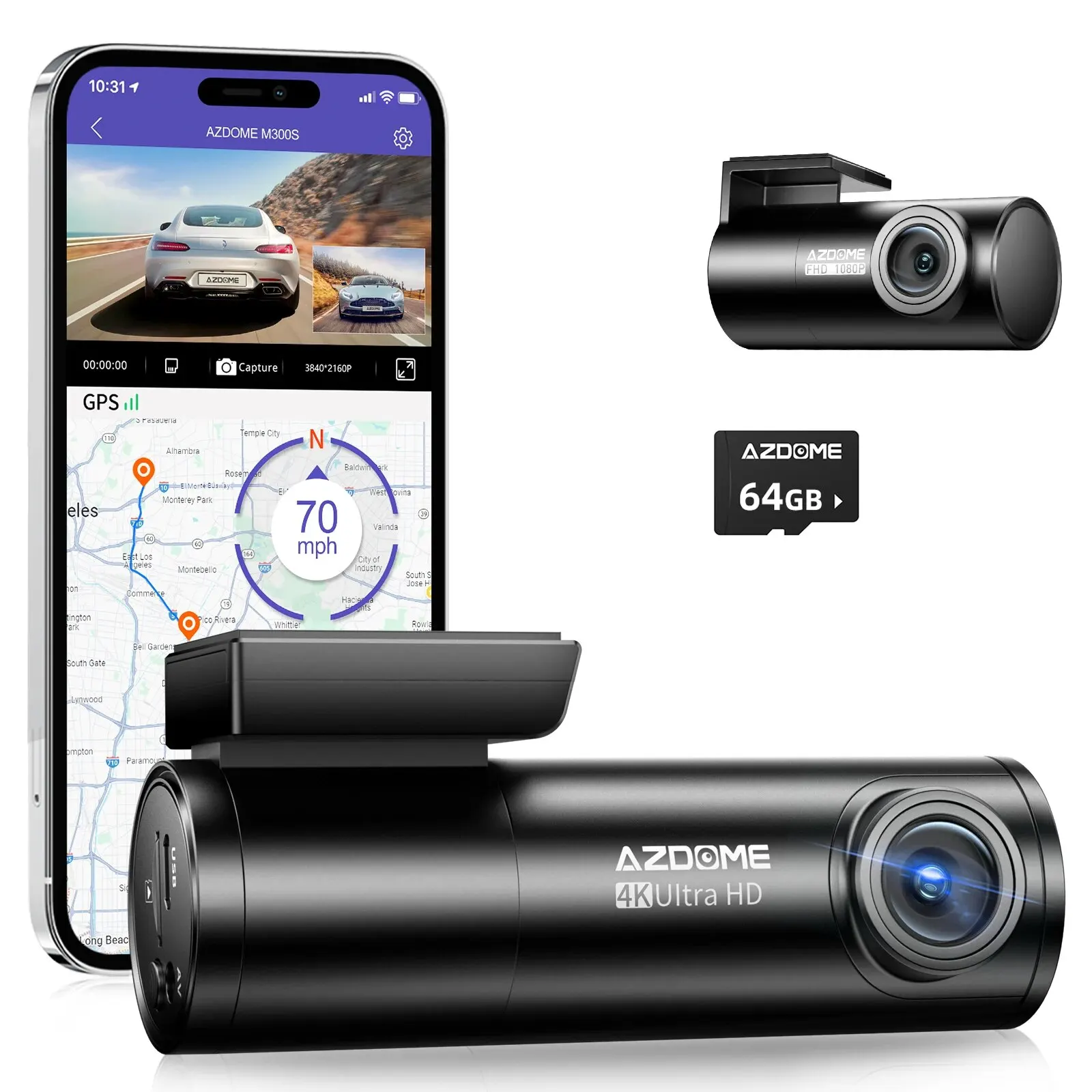 AZDOME M300S 4K + 1080P Dual Dash Camera with 5.8GHz WiFi GPS Night Vision 24 Hours Parking Mode Loop Recording G-Sensor