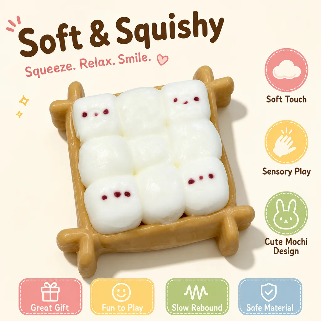 Food Grade Silicone Mini Marshmallow Squishy Toy Cute White Cube Character With Tray Soft Squeeze Stress Relief Fidget Hand Play