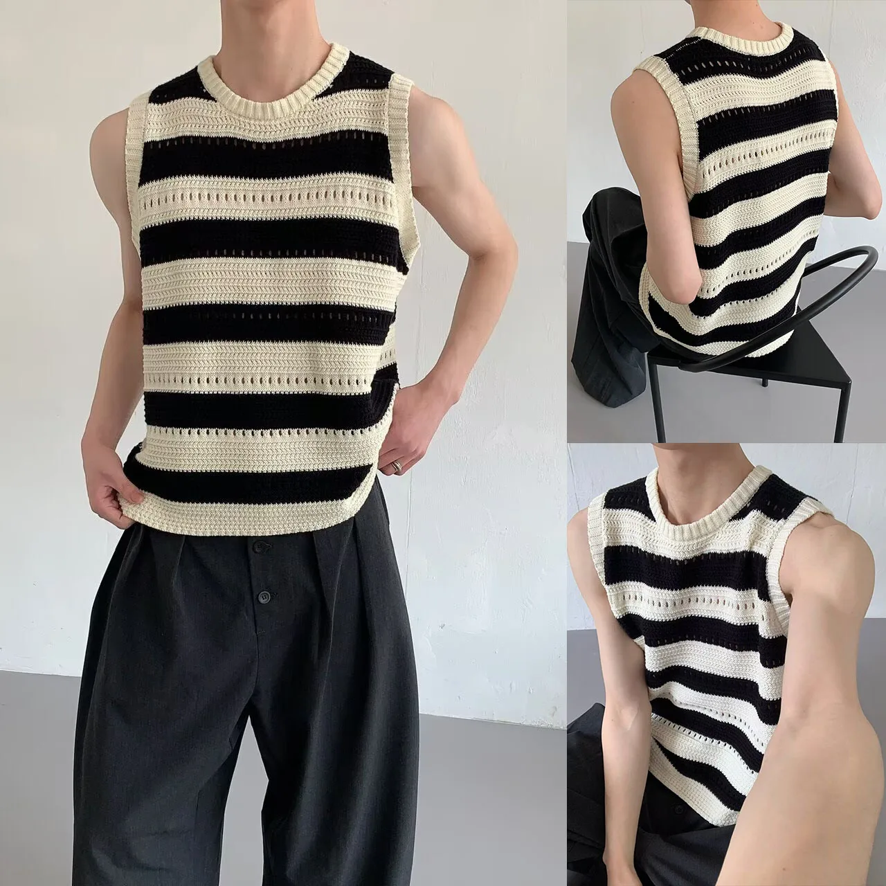 Summer Men's Striped Knitted Tank Tops American Casual Fashion Simple Loose Black and White Knitting Hollow Out Sleeveless Tees