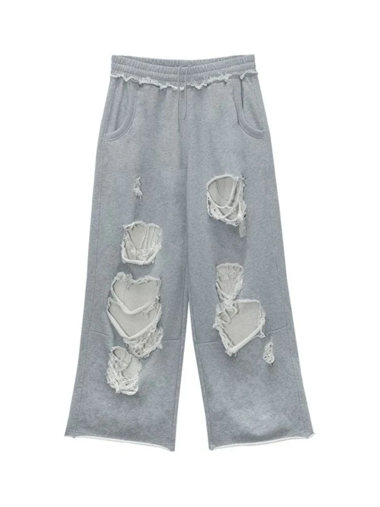 Deeptown Gray Distressed Joggers Women Baggy Hip Hop Style Holes Sweatpants Grunge Oversized Gyaru Streetwear Wide Leg Trousers