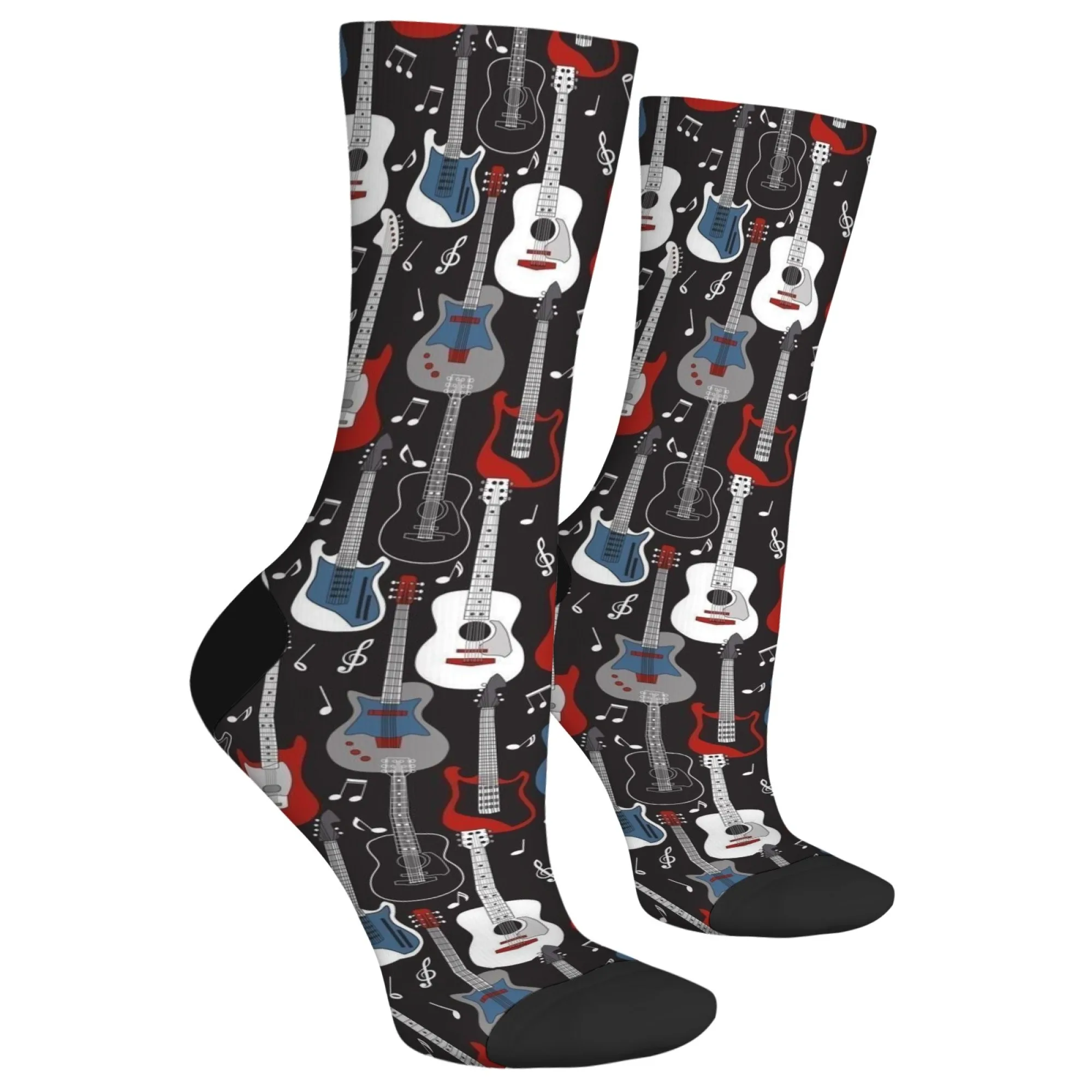 جوارب جرافيك جيتار للرجال باللون الأسود لمحبي الموسيقى بطول منتصف الساق مع تصميم جيتار كهربائي جريئة طراز فرقة الروك للهدايا