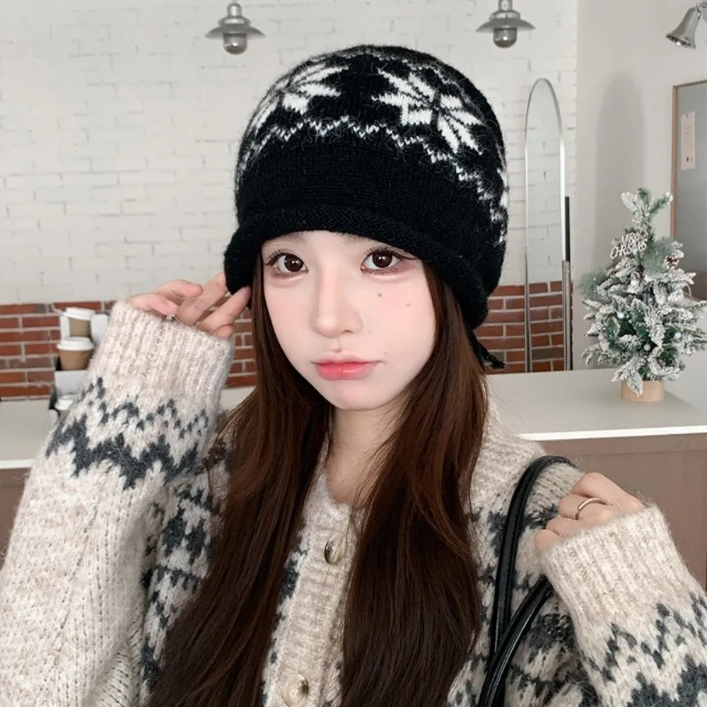 Fashion Drawstring Knitted Hat Snowflake Printed Keep Warm Skullies Cap Winter Hat Autumn