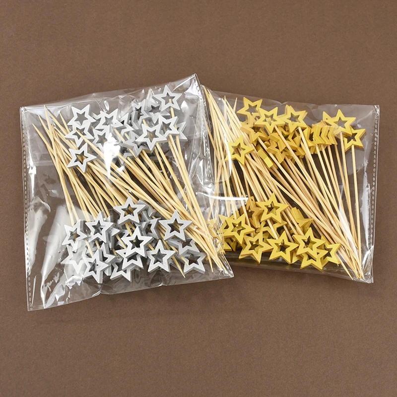 50pcs Star Shape Bamboo Skewer Disposable Fruit Sign Fruit Cupcake Fork Party Table Decor Supplies Gold Silver Birthday Ornament