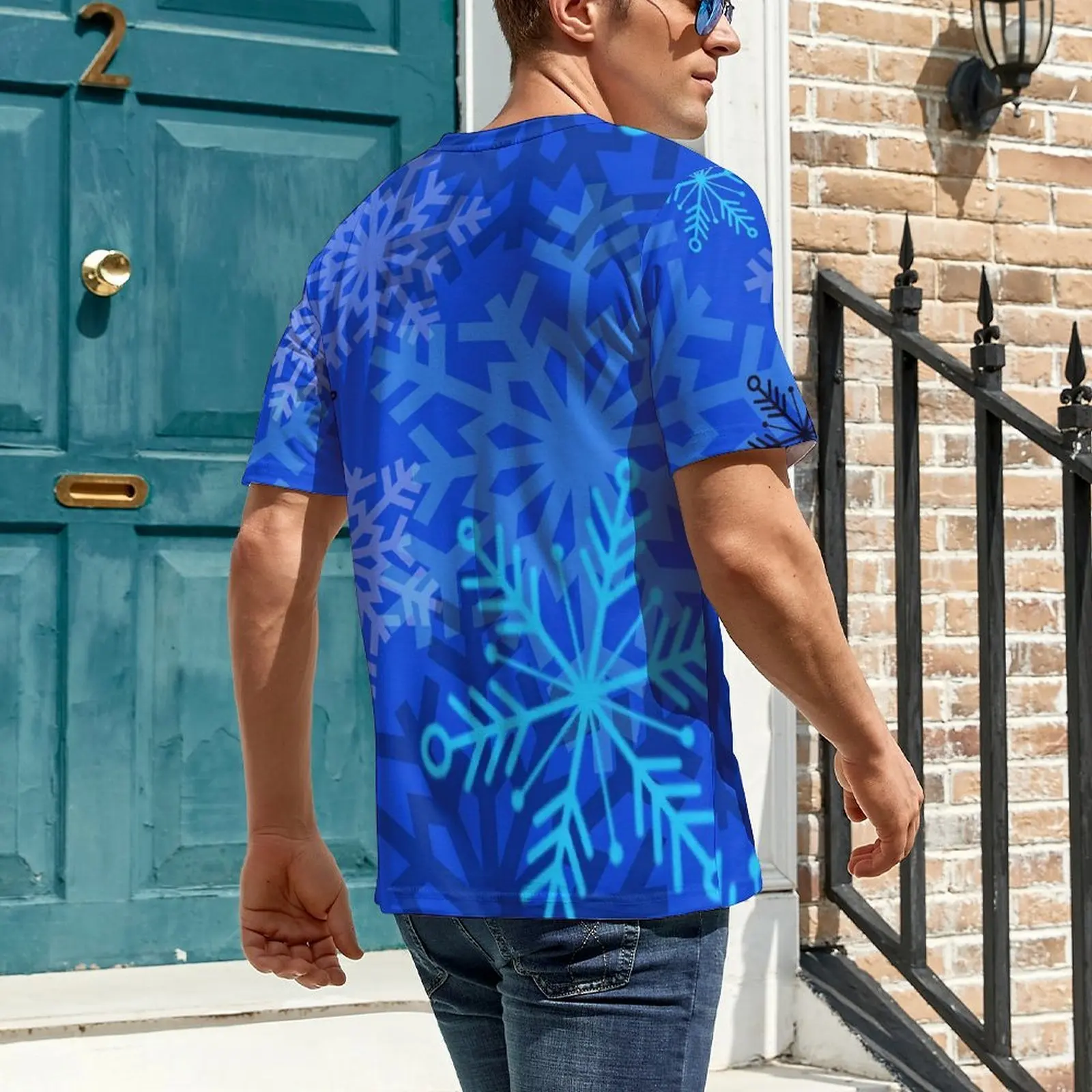 Snowflake Layered T Shirt Blue Print Popular T-Shirts Men Streetwear Tee Shirt Original Short Sleeves Design Tops Big Size
